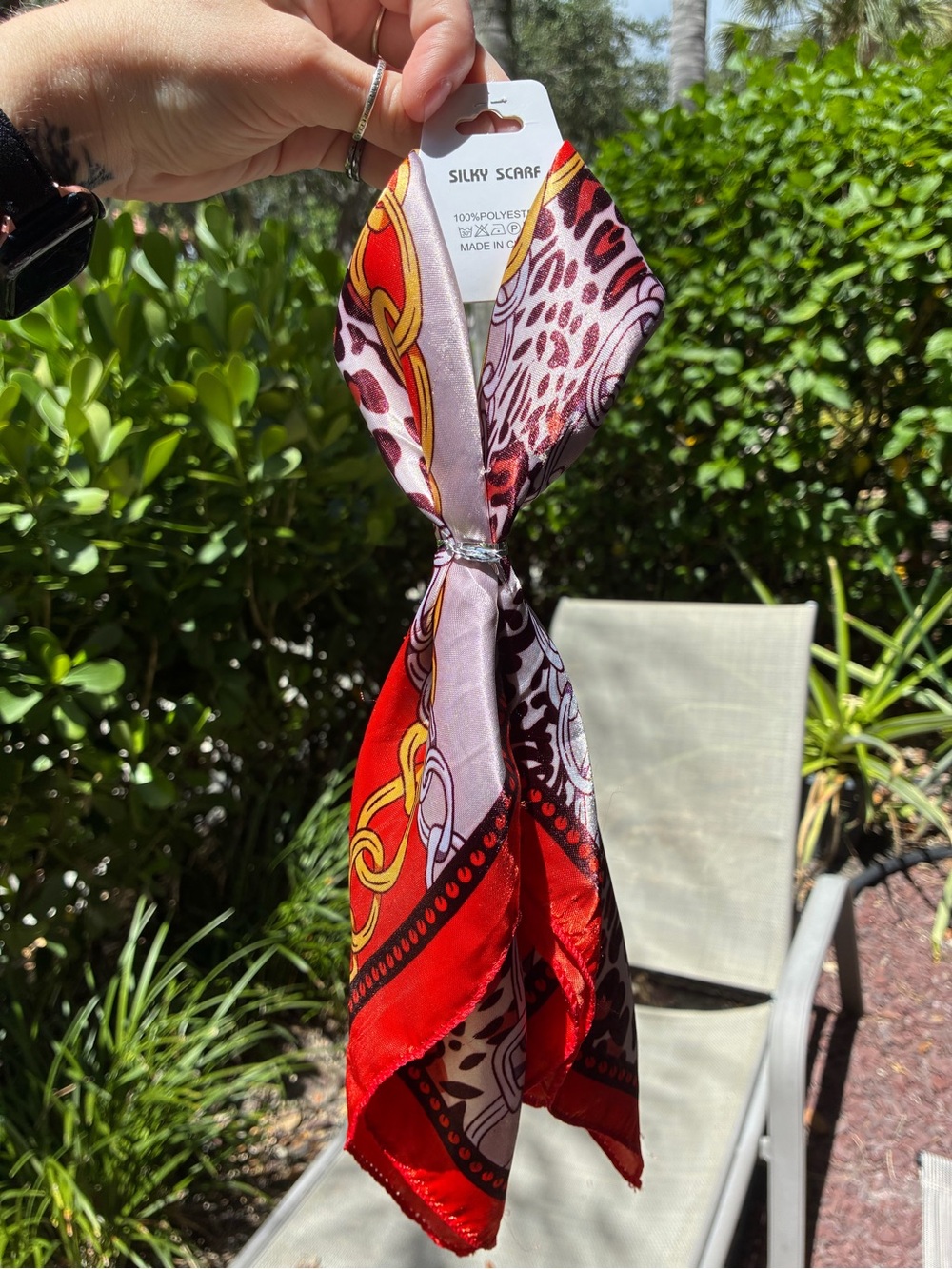 Ella’s Silky Scarf Red Chain & Animal Print Square Neck Scarf NWT - Picture 2 of 4